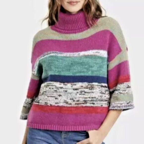 Knox Rose Target Pink Green Red Multi Striped Turtleneck Sweater Size XXL Warm - Picture 2 of 11